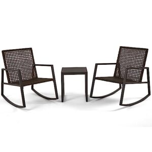 Eongdn 3 Pieces Outdoor Rocking Chairs Set, Wicker Bistro Set with 2 Rocking Chair, All Aluminum Side Table, for Lawn, Garden, Courtyard, Balcony, Brown Rattan Grey Frame