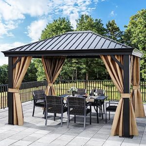 dwvo 10x12ft hardtop gazebo with nettings and curtains, heavy duty galvanized steel outdoor vertical stripes roof for patio, backyard, deck, lawns, brown