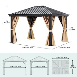 DWVO 10x12ft Hardtop Gazebo with Nettings and Curtains, Heavy Duty Galvanized Steel Outdoor Vertical Stripes Roof for Patio, Backyard, Deck, Lawns, Brown