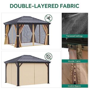 DWVO 10x12ft Hardtop Gazebo with Nettings and Curtains, Heavy Duty Galvanized Steel Outdoor Vertical Stripes Roof for Patio, Backyard, Deck, Lawns, Brown