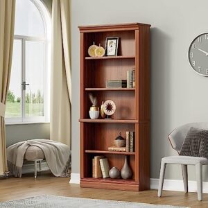 furniwell bookcase bookshelves, 5 tier wooden tall floor standing books shelves display dector furniture for bedroom, living room, home office (cherry)