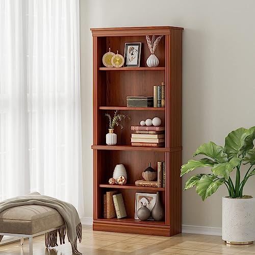 Furniwell Bookcase Bookshelves, 5 Tier Wooden Tall Floor Standing Books Shelves Display Dector Furniture for Bedroom, Living Room, Home Office (Cherry)