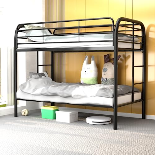 SUXXAN Metal Bunk Bed, Twin-Over-Twin Size Beds with Secure Guard Rail & Ladder, Large Space/Noise-Free/Black (Assembly Required)