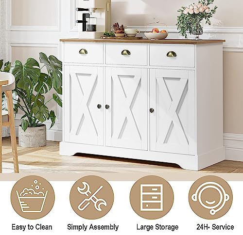 4 EVER WINNER Coffee Bar Cabinet, 47” Kitchen Buffet Storage Cabinet with 3 Drawers & 3 Barn Doors, Farmhouse Buffet Cabinet with Storage Server Console Table for Entry Dining Room, White