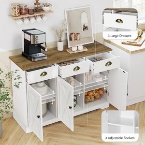 4 EVER WINNER Coffee Bar Cabinet, 47” Kitchen Buffet Storage Cabinet with 3 Drawers & 3 Barn Doors, Farmhouse Buffet Cabinet with Storage Server Console Table for Entry Dining Room, White