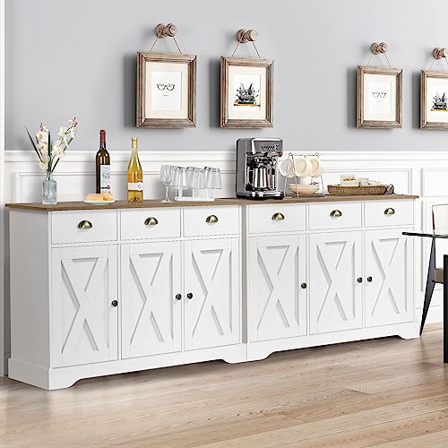 4 EVER WINNER Coffee Bar Cabinet, 47” Kitchen Buffet Storage Cabinet with 3 Drawers & 3 Barn Doors, Farmhouse Buffet Cabinet with Storage Server Console Table for Entry Dining Room, White