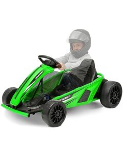 hyper 24v ride-on electric go kart for kids 8-14 years, 3-speed setting with drift kart mode, foot accelerated pedal, up to 9mph speed, 154 lbs max weight, ergonomic seat & sturdy steel frame, green