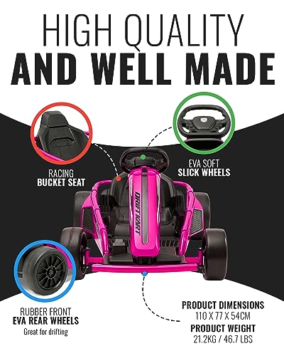 Hyper 24V Ride-On Electric Go Kart for Kids 8-14 Years, 3-Speed Setting with Drift Kart Mode, Foot Accelerated Pedal, Up to 9MPH Speed, 154 Lbs Max Weight, Ergonomic Seat & Sturdy Steel Frame, Pink