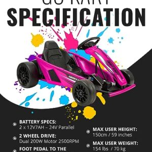 Hyper 24V Ride-On Electric Go Kart for Kids 8-14 Years, 3-Speed Setting with Drift Kart Mode, Foot Accelerated Pedal, Up to 9MPH Speed, 154 Lbs Max Weight, Ergonomic Seat & Sturdy Steel Frame, Pink