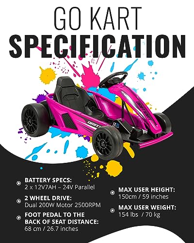 Hyper 24V Ride-On Electric Go Kart for Kids 8-14 Years, 3-Speed Setting with Drift Kart Mode, Foot Accelerated Pedal, Up to 9MPH Speed, 154 Lbs Max Weight, Ergonomic Seat & Sturdy Steel Frame, Pink