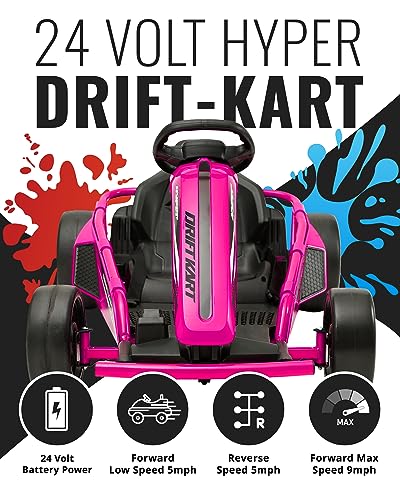 Hyper 24V Ride-On Electric Go Kart for Kids 8-14 Years, 3-Speed Setting with Drift Kart Mode, Foot Accelerated Pedal, Up to 9MPH Speed, 154 Lbs Max Weight, Ergonomic Seat & Sturdy Steel Frame, Pink