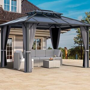 happatio 10'x 12' hardtop gazebo, outdoor polycarbonate double roof, aluminum furniture gazebo canopy with netting and curtains for garden, patio,deck (gray)