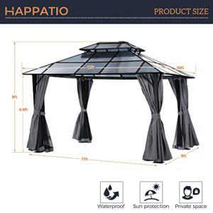 HAPPATIO 10'x 12' Hardtop Gazebo, Outdoor Polycarbonate Double Roof, Aluminum Furniture Gazebo Canopy with Netting and Curtains for Garden, Patio,Deck (Gray)