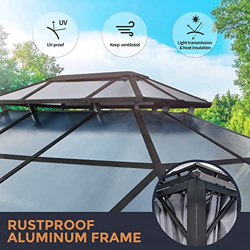 HAPPATIO 10'x 12' Hardtop Gazebo, Outdoor Polycarbonate Double Roof, Aluminum Furniture Gazebo Canopy with Netting and Curtains for Garden, Patio,Deck (Gray)