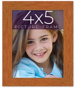4x5 honey brown real wood picture frame width 0.75 inches | interior frame depth 0.5 inches | warm wood traditional photo frame complete with uv acrylic, foam board backing & hanging hardware