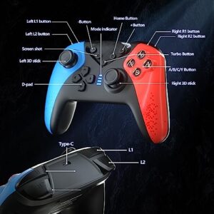 Switch Controller for Nintendo Switch,Switch Pro Controller for Wireless Switch/Switch Lite Remote with Dual Vibration, Gyro Axis, Motion Support Wake Up and Adjustable Turbo (SD19-Red+Blue)