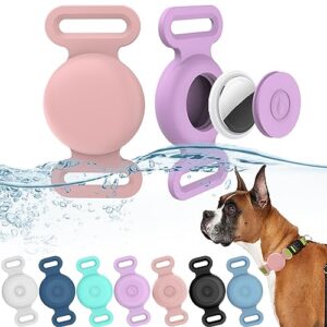 2 pack ipx8 waterproof airtag dog collar holder, hidden air tag case for gps puppy kitten cat collar, silicone airtag mount tracker cover compatible with pets harness,safety anti-lost(pink,purple m)