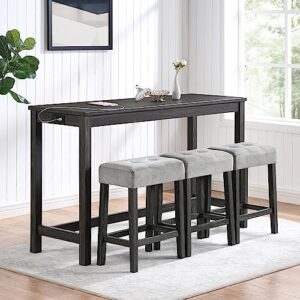 merax 4 piece bar table set with power outlet,dining bar table and chairs set,industrial breakfast table with 3 padded stools,for living room, dining room, game room(black+ gray)