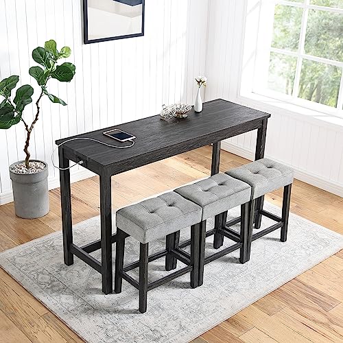 Merax 4 Piece Bar Table Set with Power Outlet,Dining Bar Table and Chairs Set,Industrial Breakfast Table with 3 Padded Stools,for Living Room, Dining Room, Game Room(Black+ Gray)