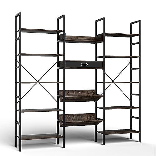 Industrial Style Wood Bookshelf, Triple 5 Tiers Bookshelf with Metal Frame, Rustic Book Shelves Display Shelf for Home Office, Etagere Large Open Bookshelf for Bedroom Living Room, Vintage Brown