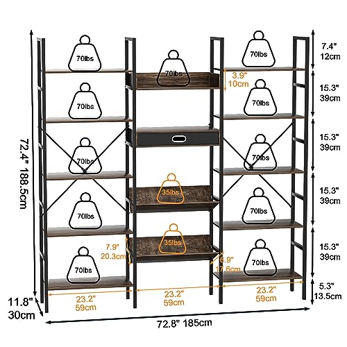 Industrial Style Wood Bookshelf, Triple 5 Tiers Bookshelf with Metal Frame, Rustic Book Shelves Display Shelf for Home Office, Etagere Large Open Bookshelf for Bedroom Living Room, Vintage Brown