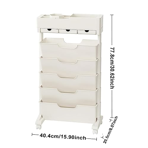 WOCFPLOHTD6 Tier Rolling Cart,Open Bookcase and Bookshelf,mobile bookshelf with wheels 3 Drawer,Storage Shelving Display Shelves,Narrow Rolling Storage Cart for Living Room, Bedroom, Kitchen