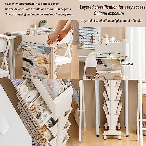 WOCFPLOHTD6 Tier Rolling Cart,Open Bookcase and Bookshelf,mobile bookshelf with wheels 3 Drawer,Storage Shelving Display Shelves,Narrow Rolling Storage Cart for Living Room, Bedroom, Kitchen