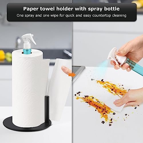 Paper Towel Holder with Spray Bottle, Stainless Steel Countertop Paper Towel Holder, Standing Paper Towel Roll Holder for Kitchen Bathroom, Non Slip Paper Towel Roll Holder