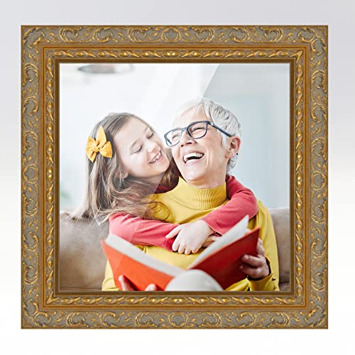 10x10 Frame Gold Real Wood Picture Frame Width 2 Inches | Interior Frame Depth 0.5 Inches | Firman Traditional Photo Frame Complete with UV Acrylic, Foam Board Backing & Hanging Hardware