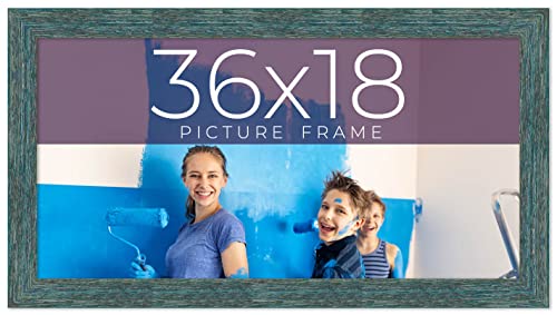 36x18 Frame Blue Real Wood Picture Frame Width 1.25 Inches | Interior Frame Depth 0.5 Inches | Gustav Blue Distressed Photo Frame Complete with UV Acrylic, Foam Board Backing & Hanging Hardware