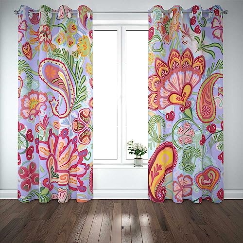 Pamime Shower Curtain Rod Holder Paisley Ethnic Pattern with Floral Red Orange Green Shower Curtain Rod Holder 52" W X 84" L Panels of 2