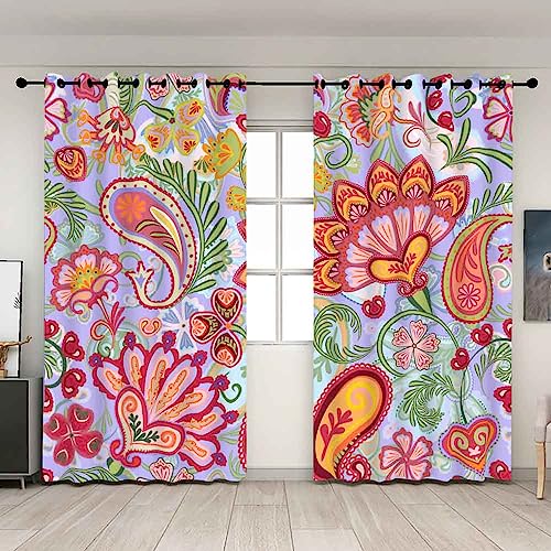 Pamime Shower Curtain Rod Holder Paisley Ethnic Pattern with Floral Red Orange Green Shower Curtain Rod Holder 52" W X 84" L Panels of 2