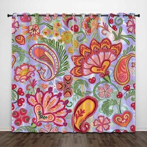 Pamime Shower Curtain Rod Holder Paisley Ethnic Pattern with Floral Red Orange Green Shower Curtain Rod Holder 52" W X 84" L Panels of 2