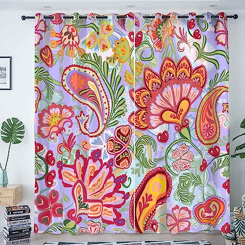 Pamime Shower Curtain Rod Holder Paisley Ethnic Pattern with Floral Red Orange Green Shower Curtain Rod Holder 52" W X 84" L Panels of 2