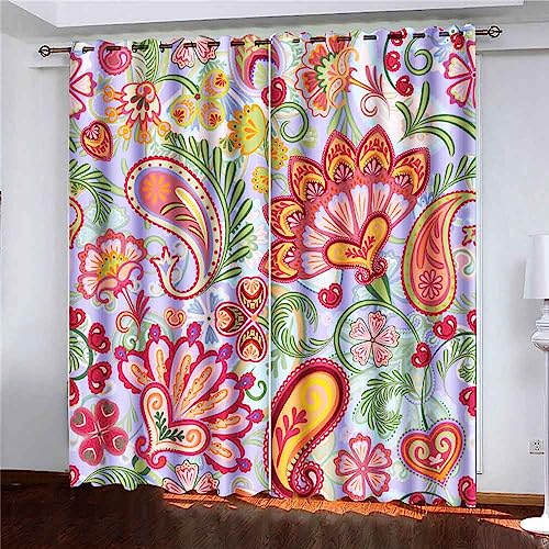 Pamime Shower Curtain Rod Holder Paisley Ethnic Pattern with Floral Red Orange Green Shower Curtain Rod Holder 52" W X 84" L Panels of 2