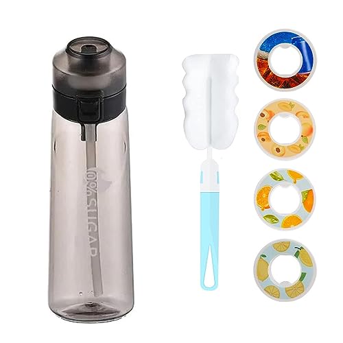 DEVINK Sports Air Water Bottle Starter up Set Drinking Bottles,650ML Fruit Fragrance Water Bottle,with pods 0 Sugar Water Cup,for Gym and Outdoor Gift,Black-with 4 Pods and brush