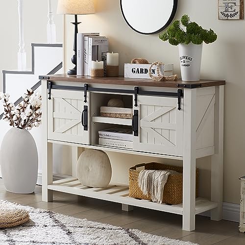 OKD Entryway Table with Sliding Barn Doors, 46" Farmhouse Console Table with Storage Shelf, Rustic Sofa Table Behind Couch, Entry Table for Hallway, Entry Way, Living Room, Foyer, Antique White