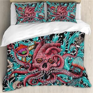 exinbu octopus duvet cover set, full size scary red skull octopus tentacle bedding set, surf mushroom sea monster duvet cover, 4 piece with gothic sheet pillowcases, happy for boys girls