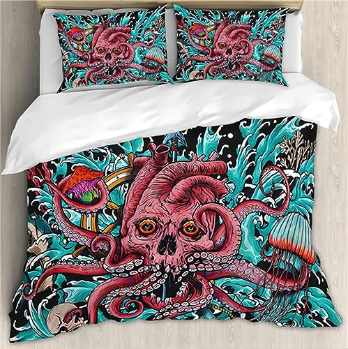 EXINBU Octopus Duvet Cover Set, Full Size Scary Red Skull Octopus Tentacle Bedding Set, Surf Mushroom Sea Monster Duvet Cover, 4 Piece with Gothic Sheet Pillowcases, Happy for Boys Girls