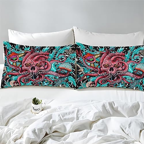 EXINBU Octopus Duvet Cover Set, Full Size Scary Red Skull Octopus Tentacle Bedding Set, Surf Mushroom Sea Monster Duvet Cover, 4 Piece with Gothic Sheet Pillowcases, Happy for Boys Girls