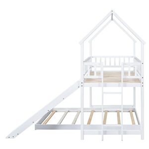 Twin Over Full Size House Bunk Bed, Wood Bunk Bed Frame with Slide, Built-in Ladder and Fence Guardrails, Playhouse Bed Slide Bed for Kids Adults, Bedroom Furniture Bunk Bed House Bed (White Bed)