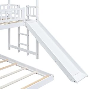 Twin Over Full Size House Bunk Bed, Wood Bunk Bed Frame with Slide, Built-in Ladder and Fence Guardrails, Playhouse Bed Slide Bed for Kids Adults, Bedroom Furniture Bunk Bed House Bed (White Bed)