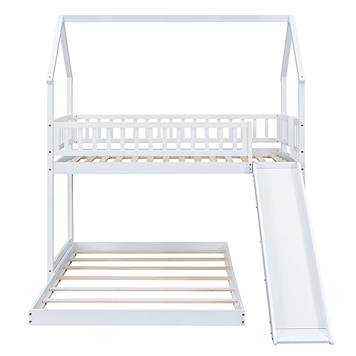 Twin Over Full Size House Bunk Bed, Wood Bunk Bed Frame with Slide, Built-in Ladder and Fence Guardrails, Playhouse Bed Slide Bed for Kids Adults, Bedroom Furniture Bunk Bed House Bed (White Bed)