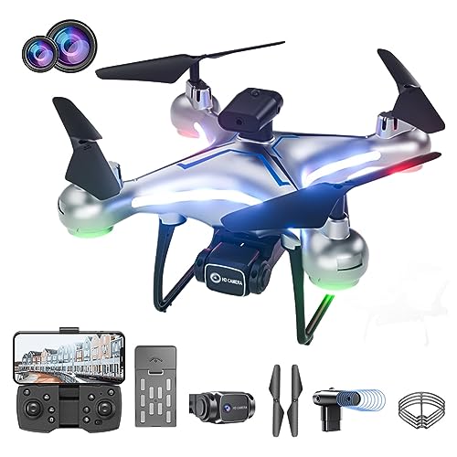 Drone With 4k Dual Hd Camera, Optical Positioning, Remote Control Toys Gifts For Boys And Girls With Altitude Hold Headless Mode Start Speed, One Touch Landing Obstacle Avoidance Speed Adjustment (Gray)