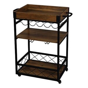 Rolling Serving Bar Cart - Industrial Wood and Metal Storage Cart with Wine Rack and Glass Holder - Coffee Cart on Wheels - 3 Tier Rustic Modern Serving Cart - Home Mobile Beverage Cart - Vintage