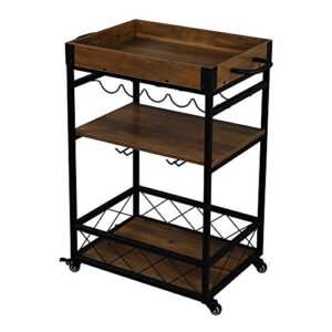 Rolling Serving Bar Cart - Industrial Wood and Metal Storage Cart with Wine Rack and Glass Holder - Coffee Cart on Wheels - 3 Tier Rustic Modern Serving Cart - Home Mobile Beverage Cart - Vintage