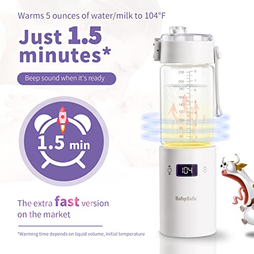 Portable Bottle Warmer for Baby Formula, BabySafe Wireless & Rechargeable Baby Water Warmer for Car Travel, 1.5Mins Fast Heating & 9H Constant Temperature Baby Milk Warmer On The Go (White)