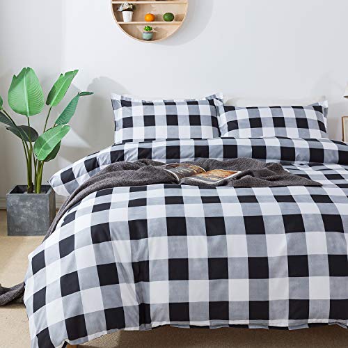 FADFAY Buffalo Plaid College Dorm Duvet Cover Set 100% Microfiber Black and White Gingham Plaid Geometric Checker Bedding Set with Hidden Zipper Closure 3Pc, 1Duvet Cover + 2Pillowcases, Twin XL Size