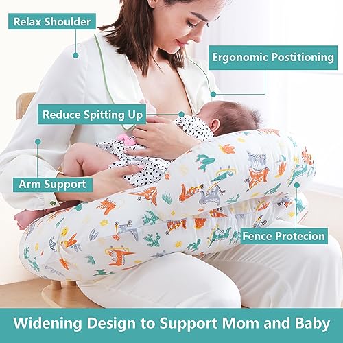 AMASKY Nursing Pillow for Breastfeeding with Two Removable Cotton Covers,Plus Size Ergonomic Breastfeeding Pillows,More Support for Mom and Baby,Machine Washable,White & Blue