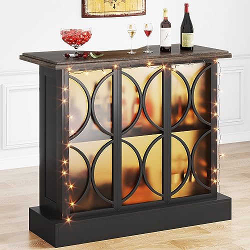 Tribesigns Home Bar Unit, Industrial Liquor Bar Table with Storage and Glasses Holder, 3-Tier Wine Bar Cabinet Mini Bars with Acrylic Front for Home Kitchen Pub (Black)